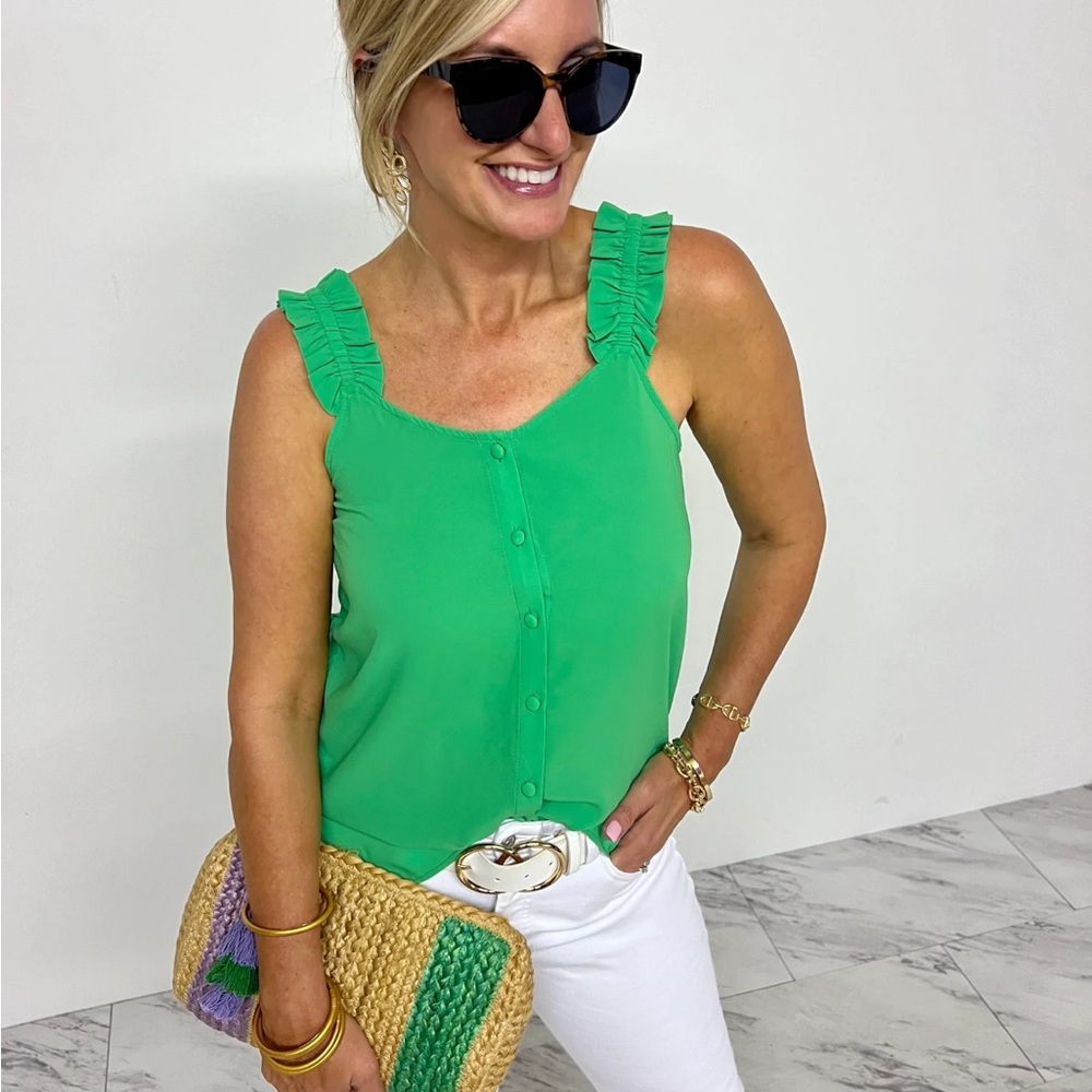 Green Ruffle Strap Button-Down Top
